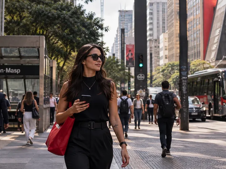 Mulher de óculos escuros caminhando pela Avenida Paulista com o celular na mão