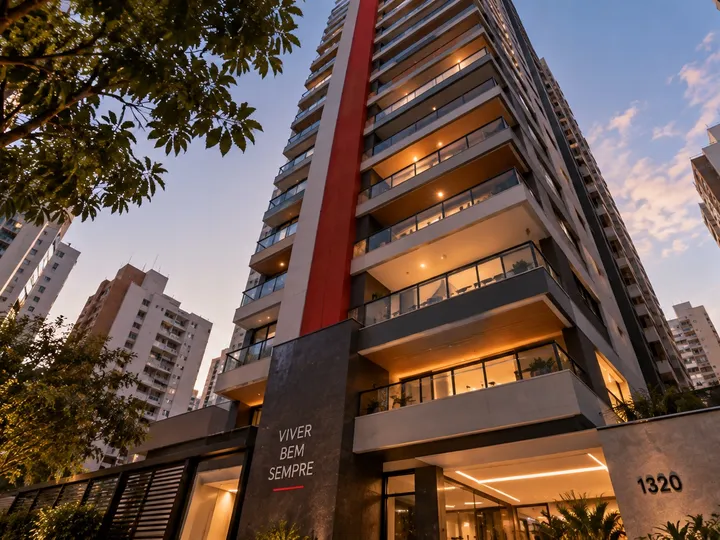 Prédio residencial visto de baixo ao entardecer, com varandas iluminadas