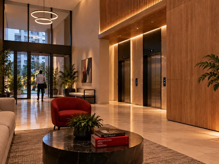 Hall de entrada do condomínio com sofá, poltrona vermelha e elevadores ao fundo