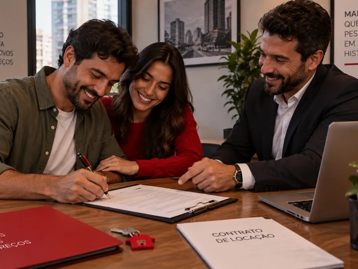 Casal assinando o contrato de locação na mesa, acompanhado pelo corretor