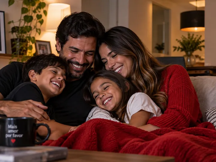 Pai, mãe e dois filhos abraçados e rindo no sofá, sob uma manta vermelha