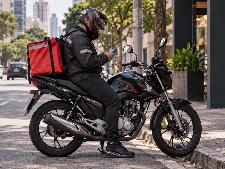 Motoboy de capacete conferindo o celular na moto, parado numa rua da cidade