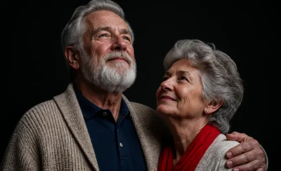 Casal de idosos abraçado, olhando para o futuro