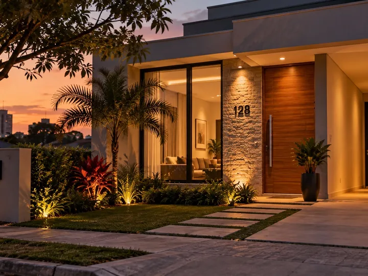 Fachada de casa moderna ao entardecer, com jardim iluminado e porta de madeira
