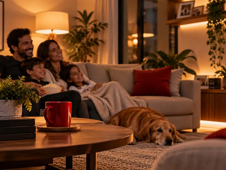 Família no sofá da sala à noite, com pipoca e um cachorro deitado no tapete