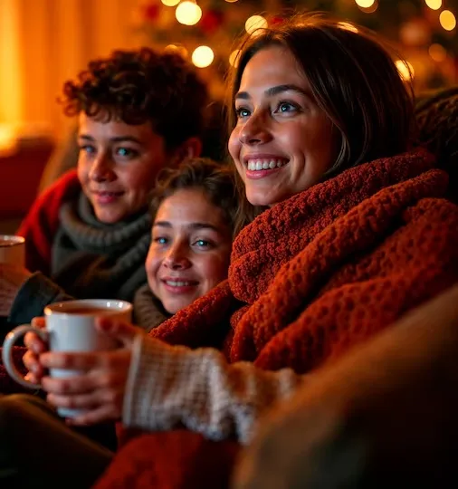 Mãe e dois filhos sorrindo no sofá, com canecas nas mãos e luzes de Natal ao fundo